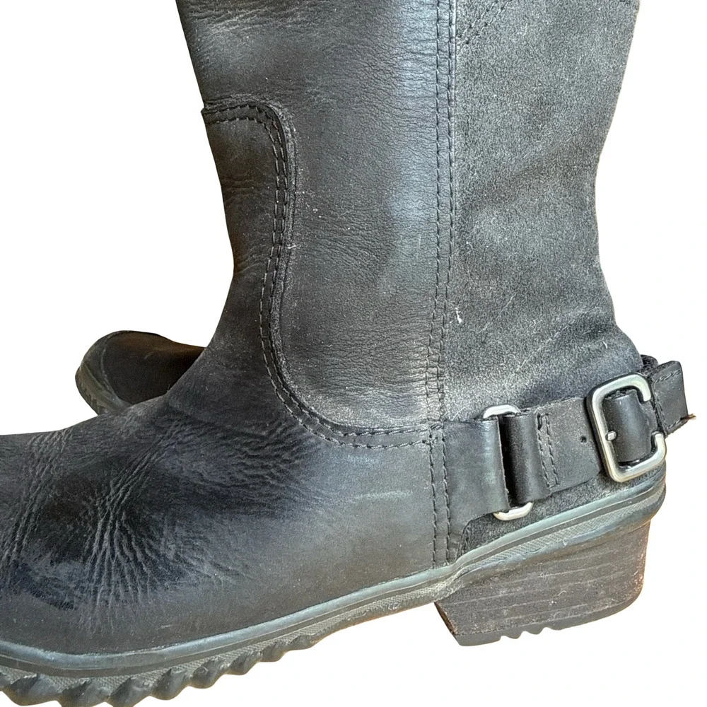 Sorel Slimboot Tall Black Oiled Leather Suede Side Zip Winter Boots Shoes sz 8